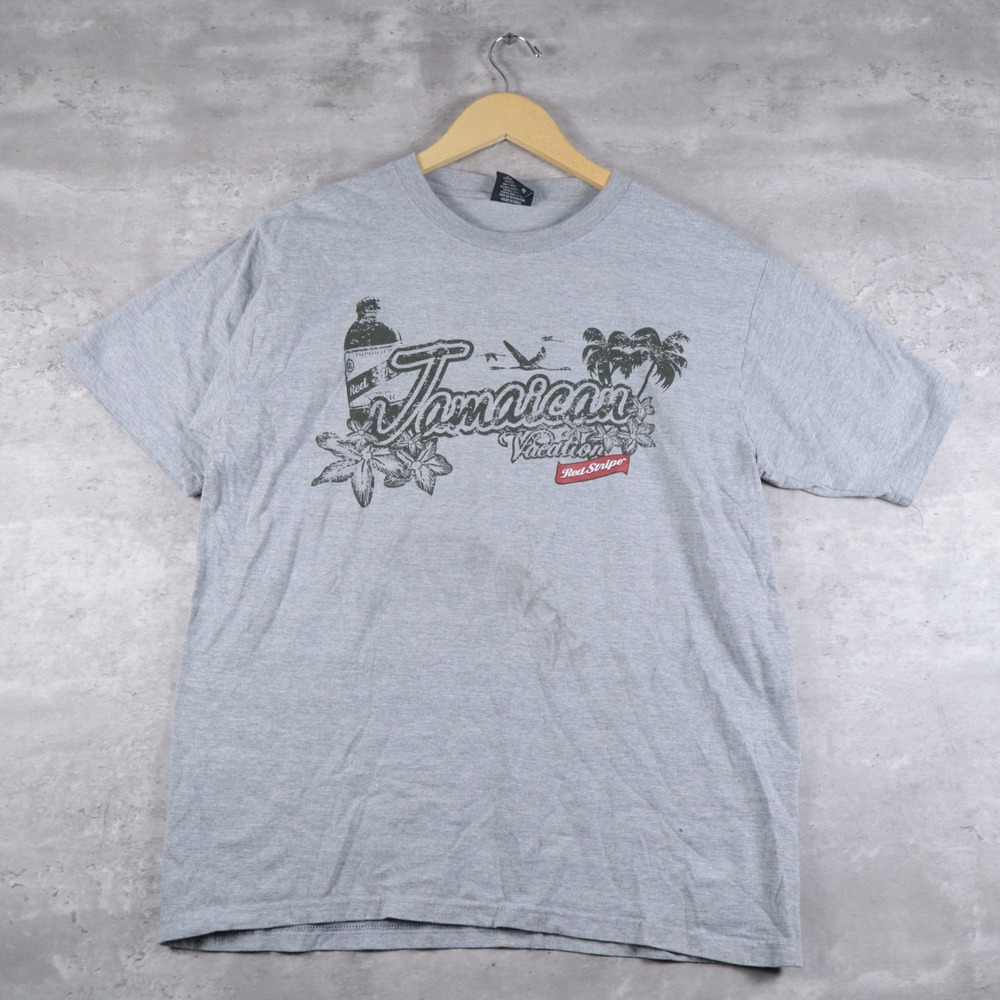 Y2K Red Stripe Clothing T Shirt Boxy Grey Jamaican Vacation Graphic Mens XL
